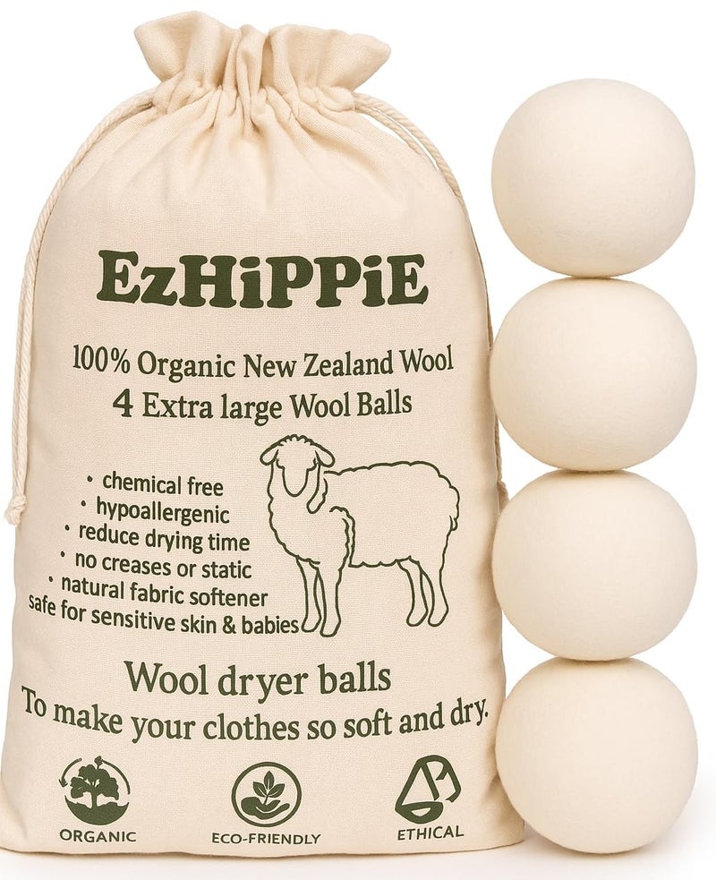 Ezhippie Quality Wool Dryer Balls - 4 XL Pack - 1000+ Loads - Pure Organic Wool - Reusable Natural Fabric Softener Perfect with Essential Oils, Reduce Clothing Static and Wrinkles - Image 1
